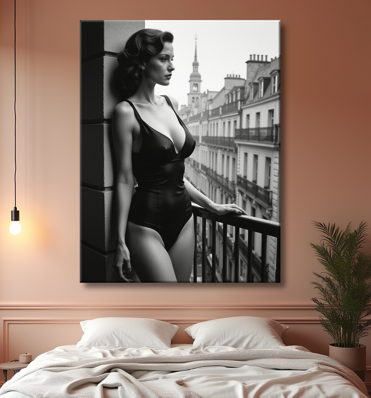 Femme au balcon – tableau noir et blanc intimiste avec decor
