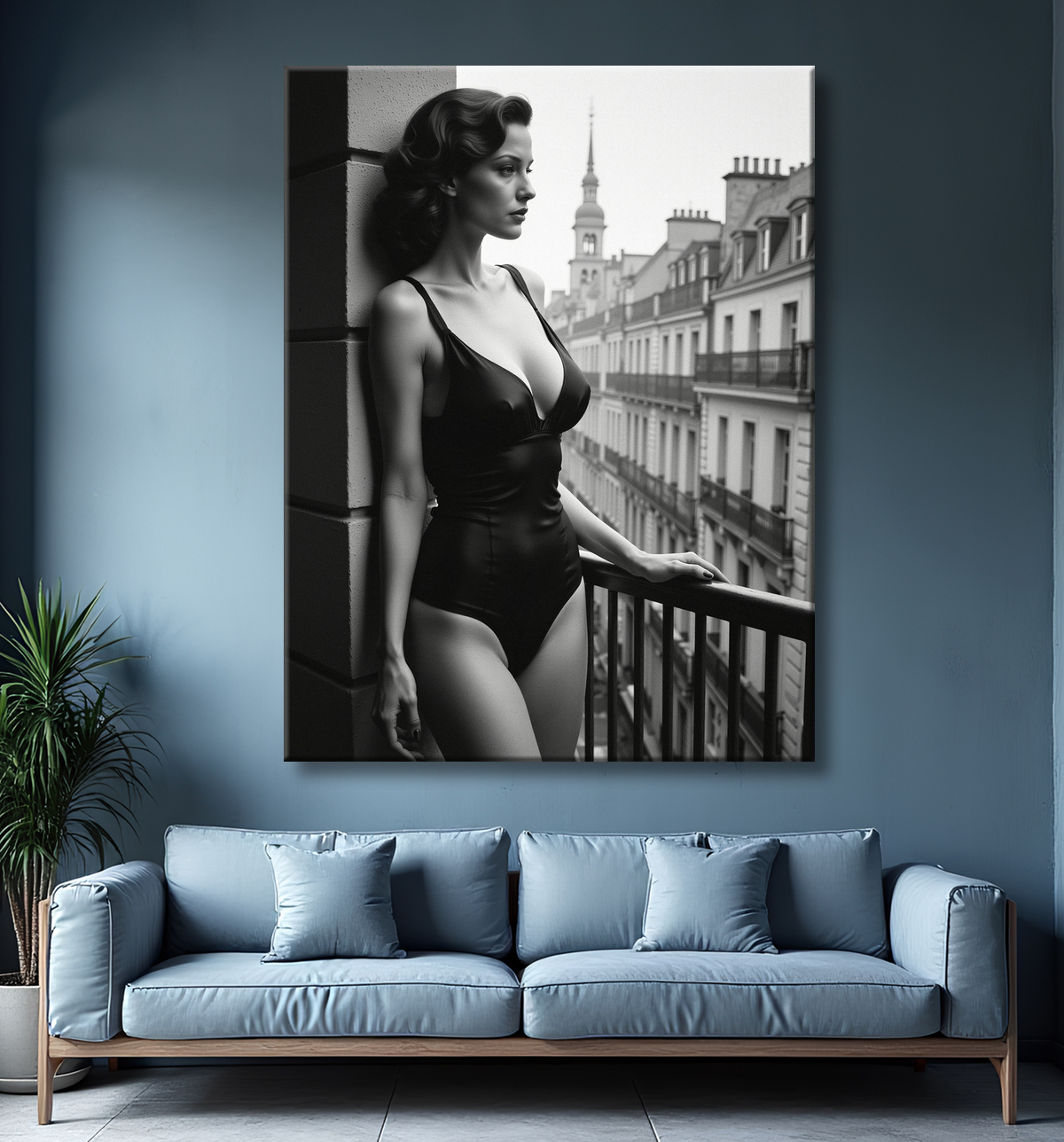 Femme au balcon – tableau noir et blanc intimiste avec decor