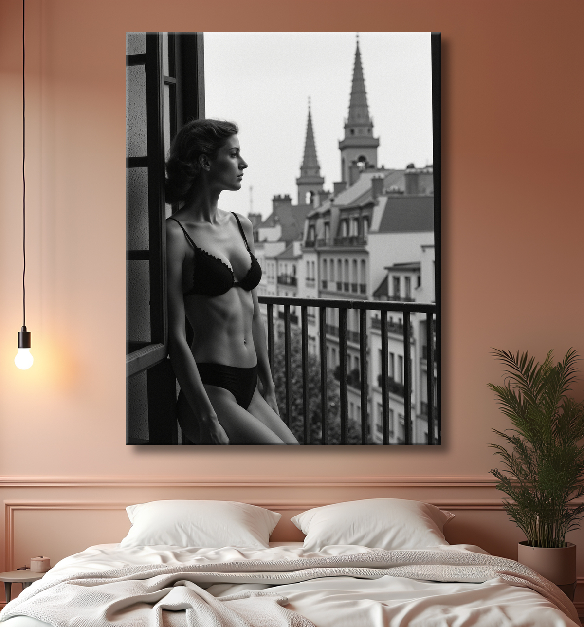 Femme au balcon – tableau noir et blanc intimiste avec decor