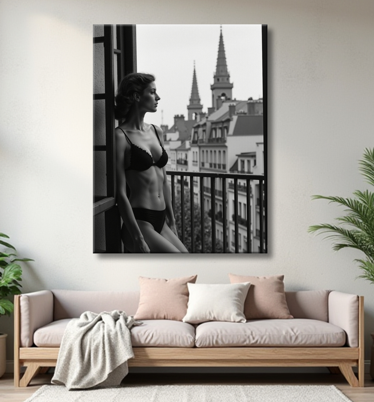 Femme au balcon – tableau noir et blanc intimiste avec decor