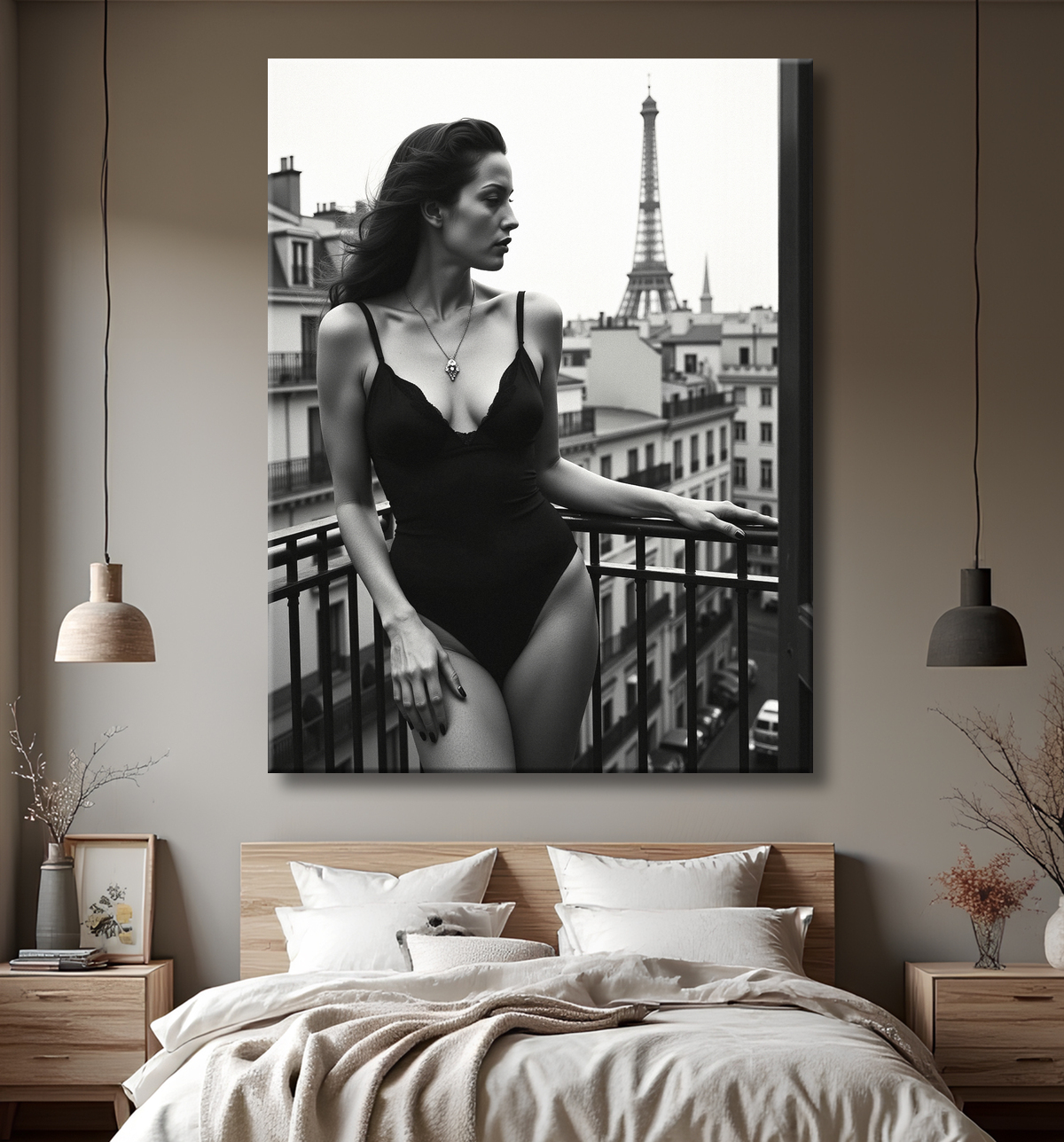 Femme au balcon – tableau noir et blanc intimiste avec decor