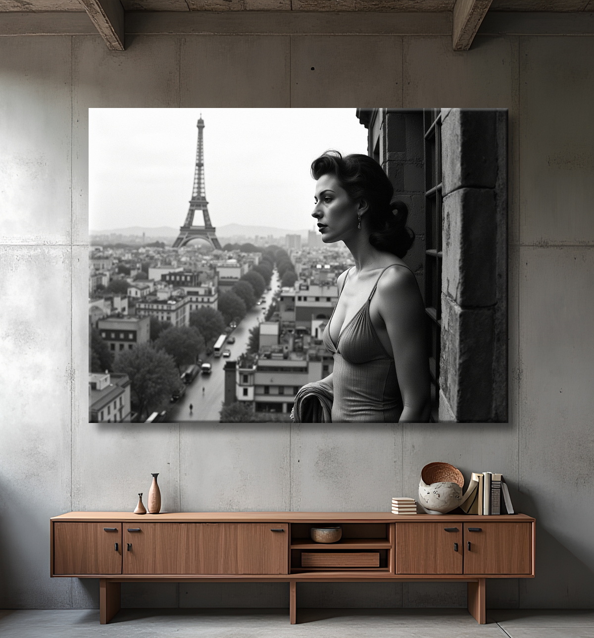 Femme au balcon – tableau noir et blanc intimiste avec decor