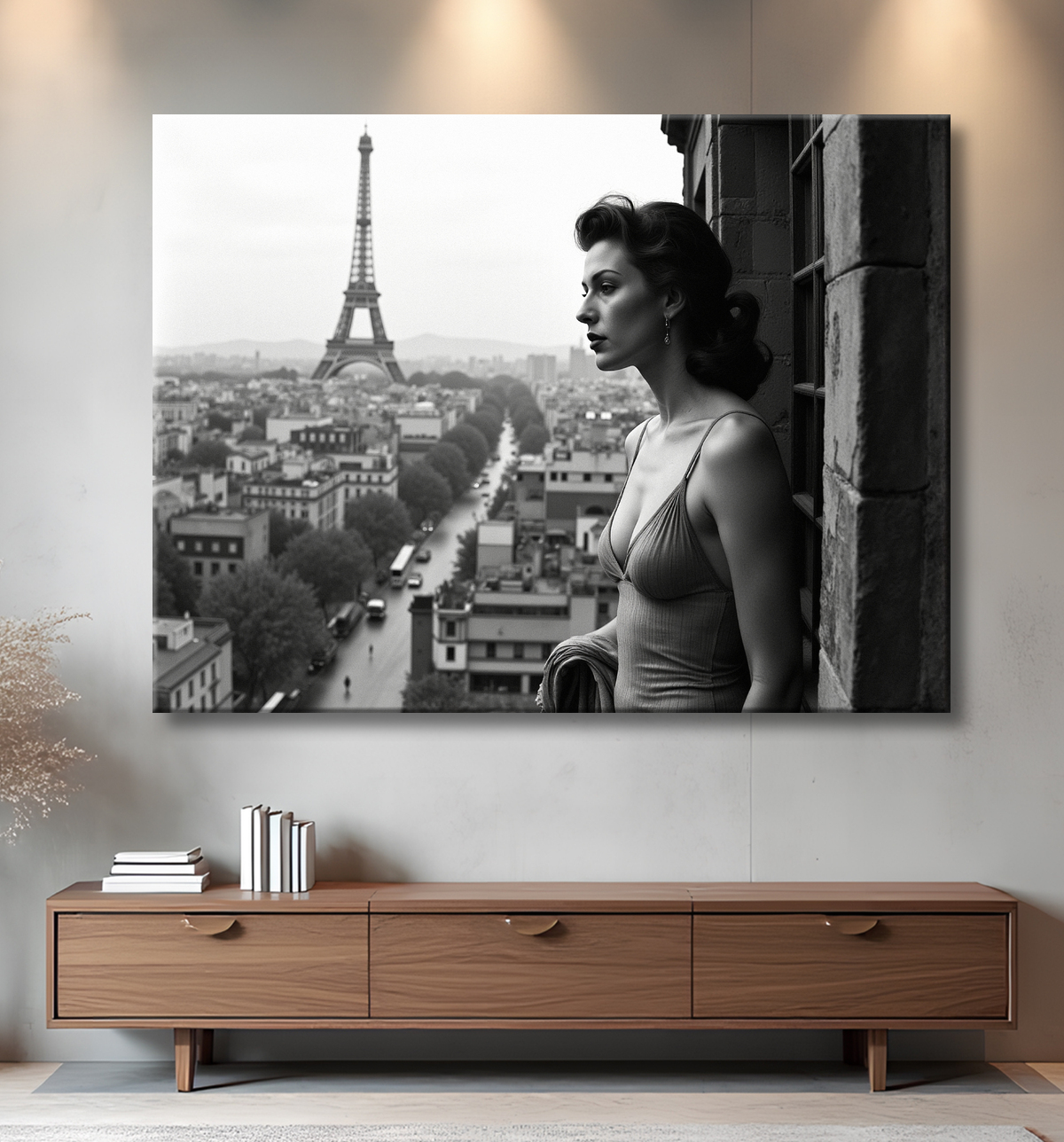 Femme au balcon – tableau noir et blanc intimiste avec decor