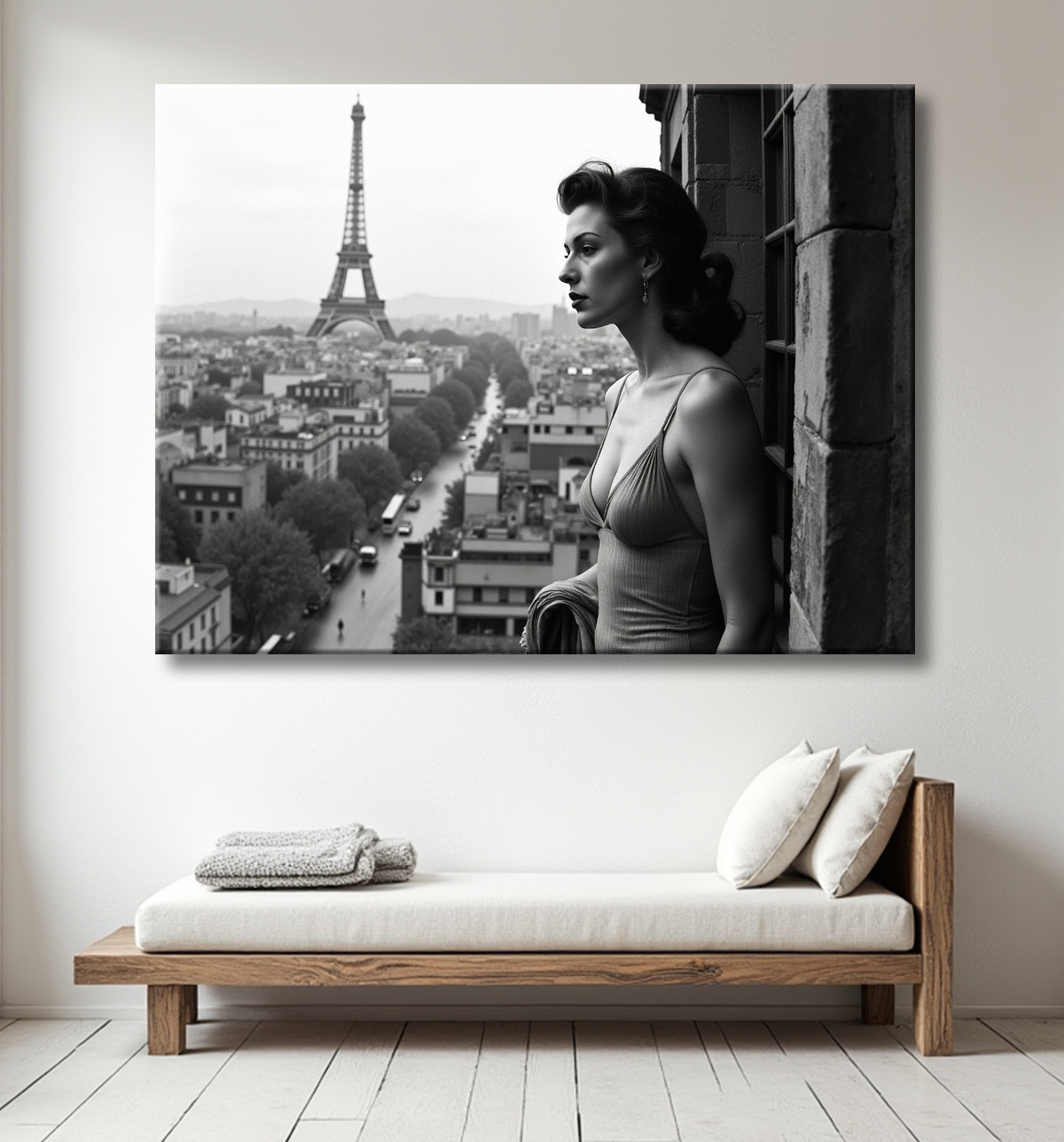 Femme au balcon – tableau noir et blanc intimiste avec decor