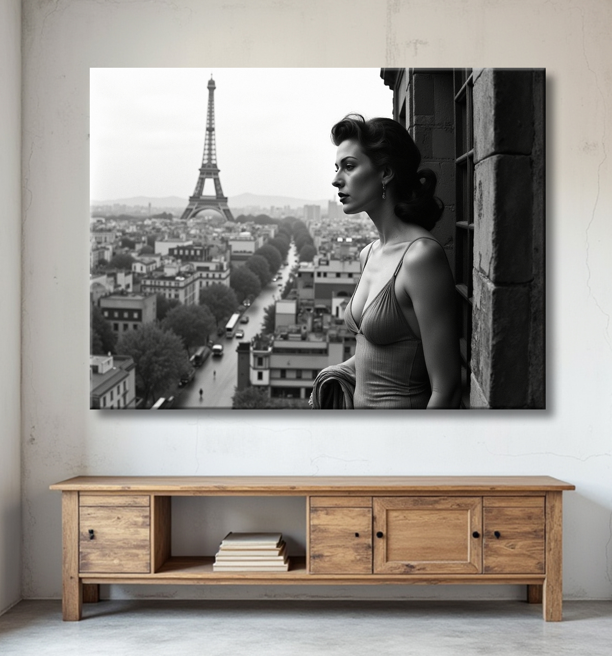 Femme au balcon – tableau noir et blanc intimiste avec decor