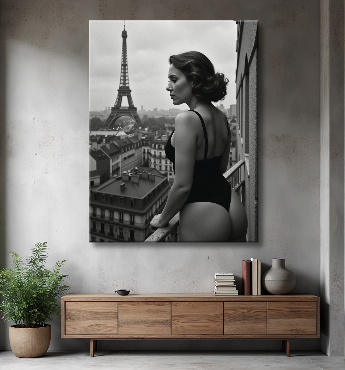 Femme au balcon – tableau noir et blanc intimiste avec decor