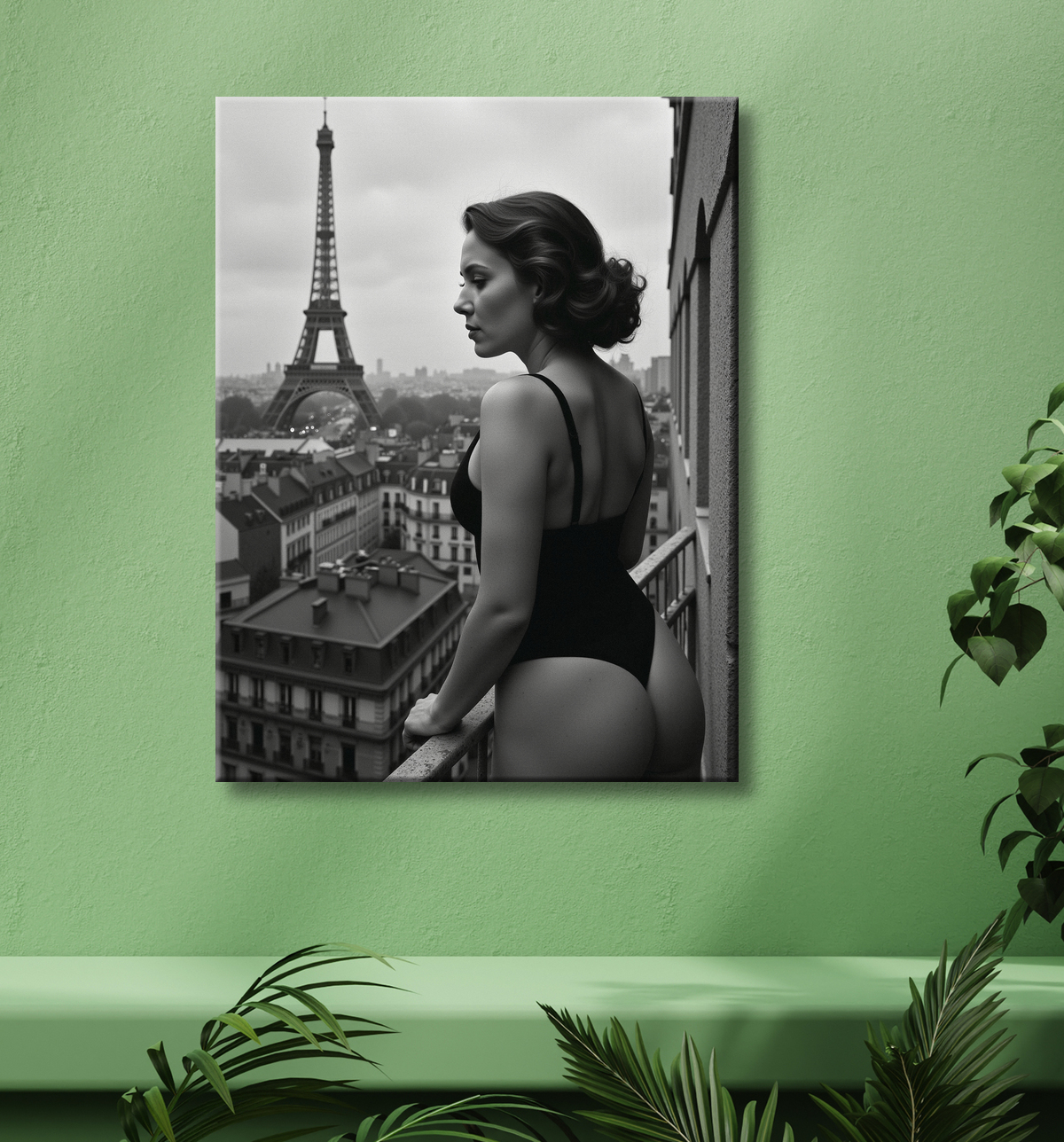 Femme au balcon – tableau noir et blanc intimiste avec decor