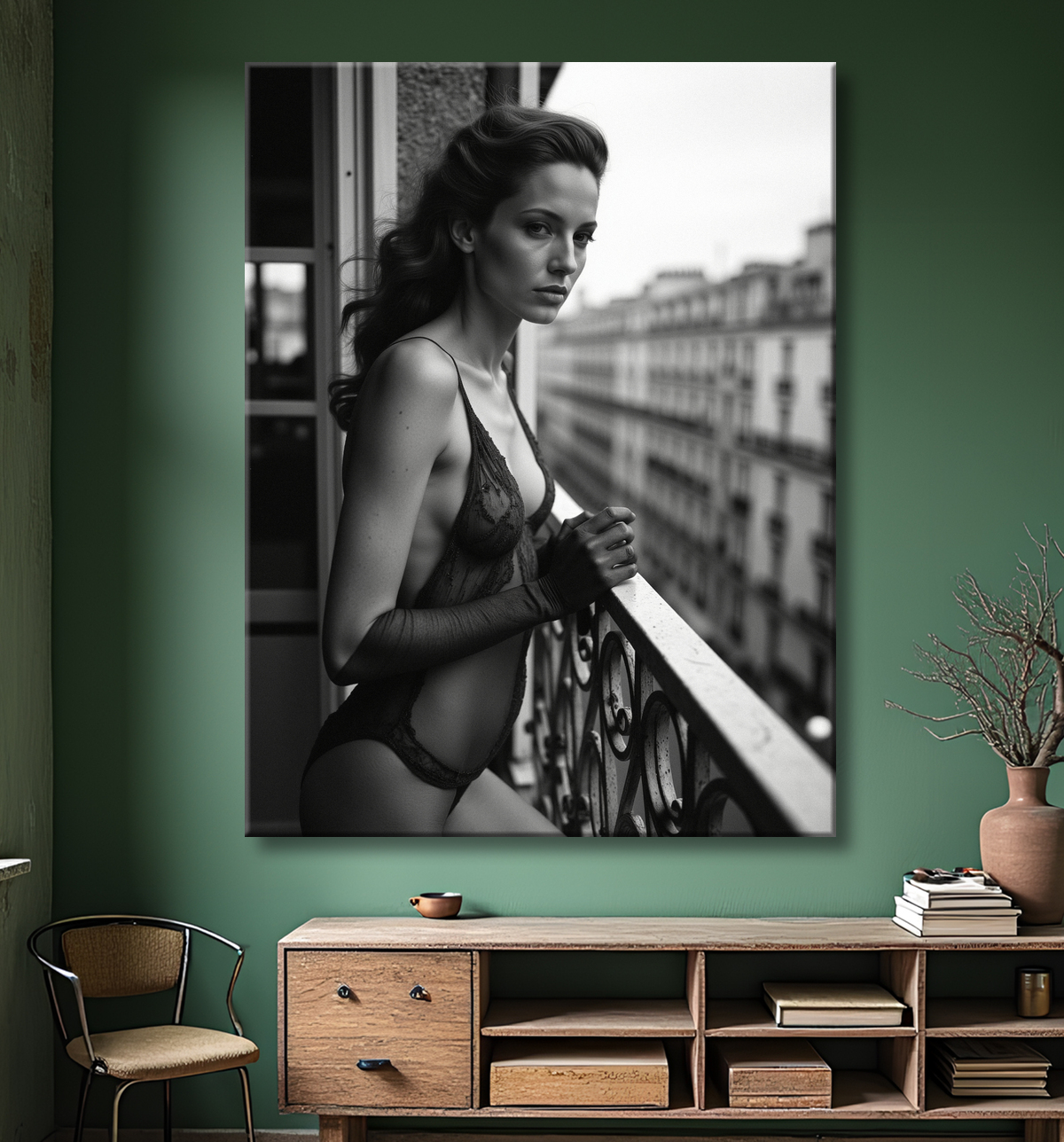 Femme au balcon – tableau noir et blanc intimiste avec decor
