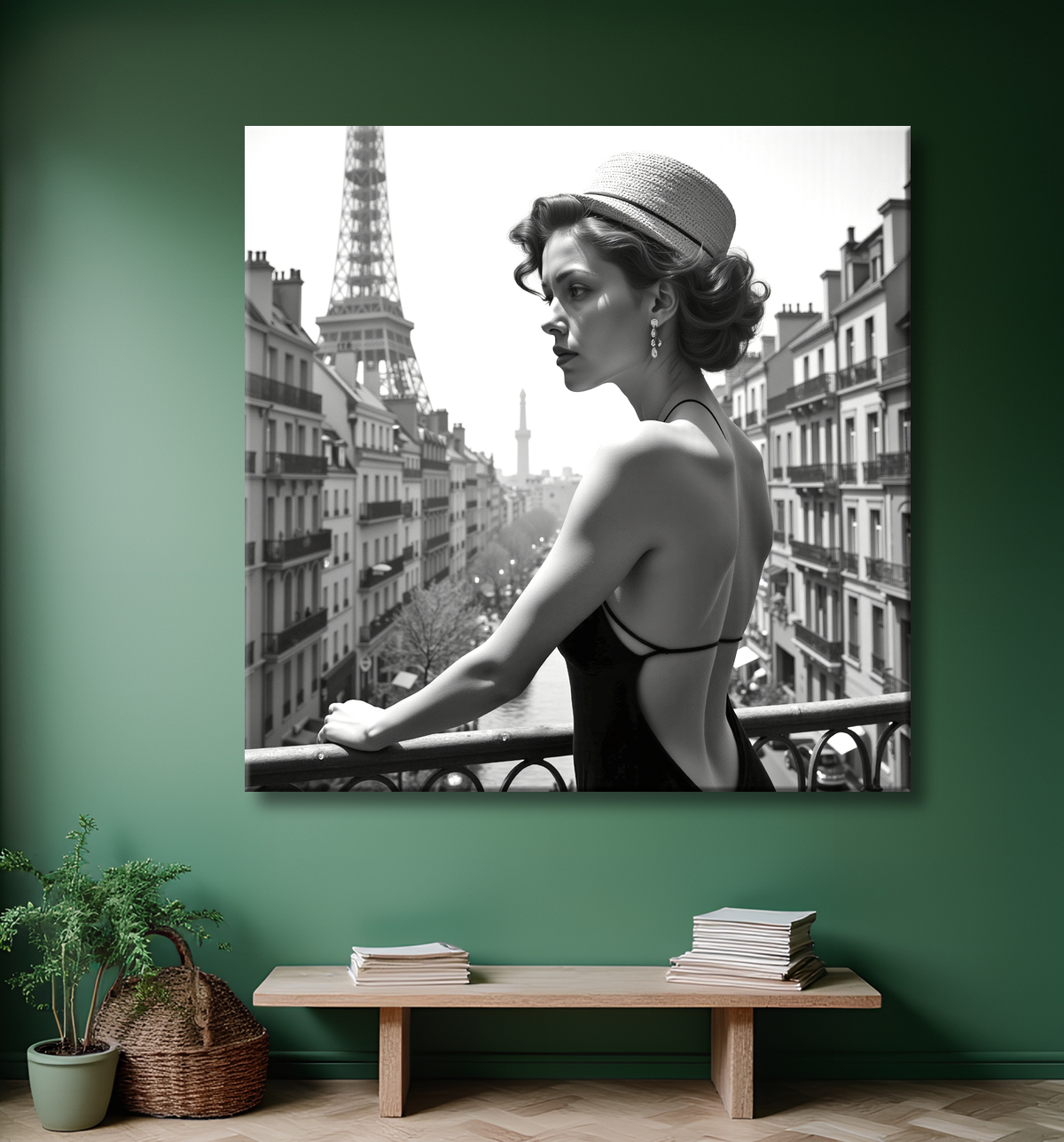 Femme au balcon – tableau noir et blanc intimiste avec decor
