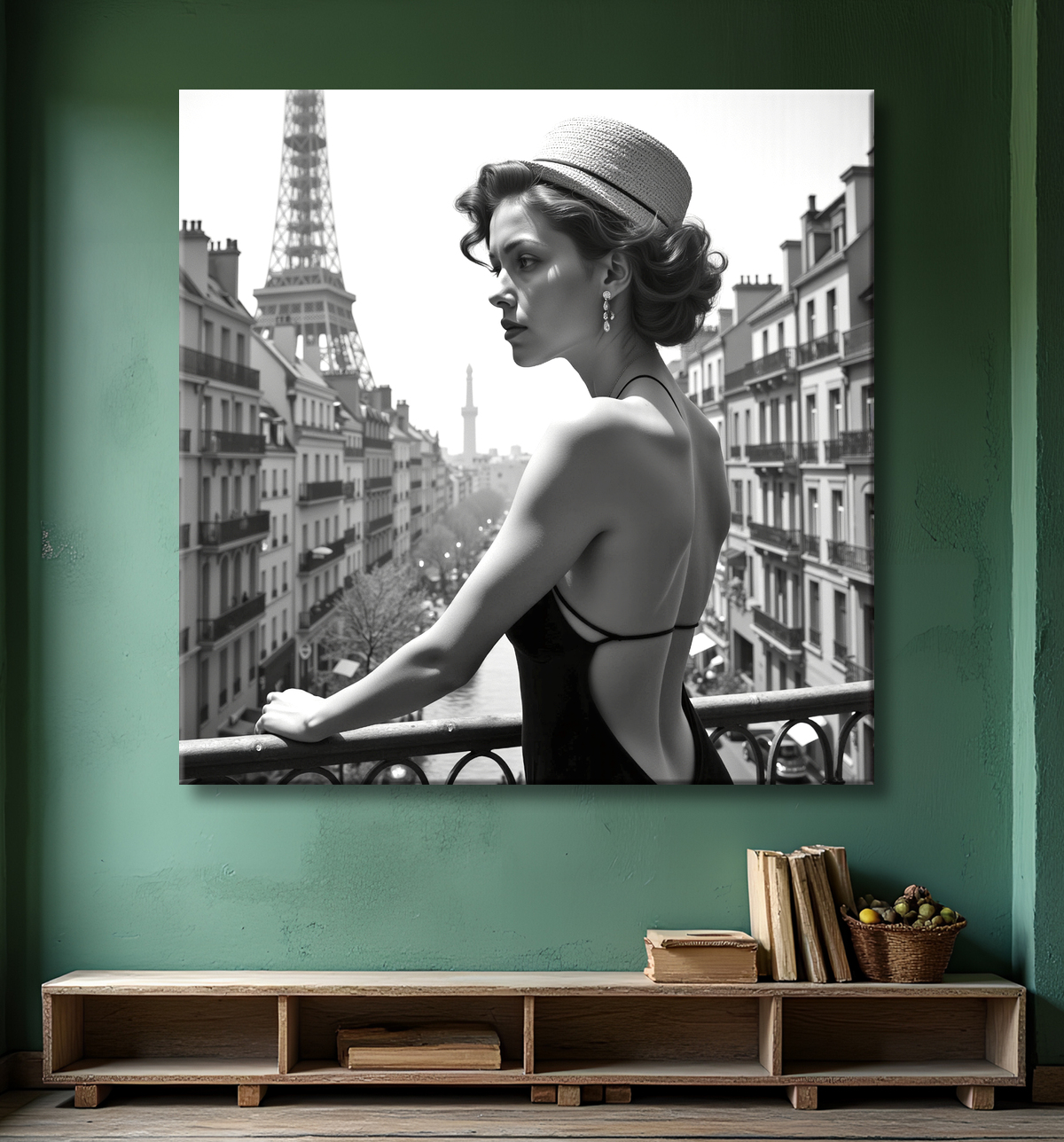 Femme au balcon – tableau noir et blanc intimiste avec decor