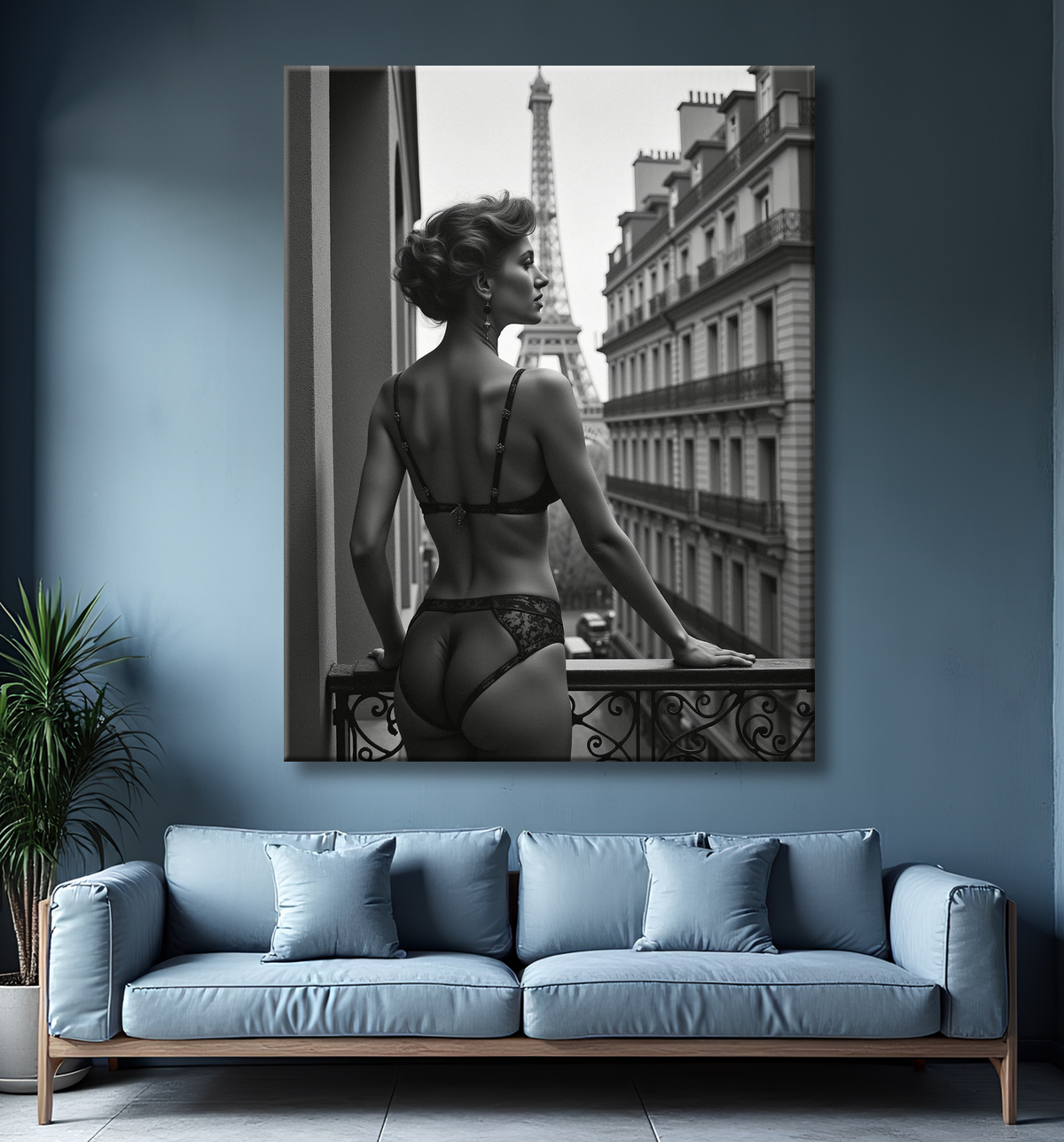 Femme au balcon – tableau noir et blanc intimiste avec decor