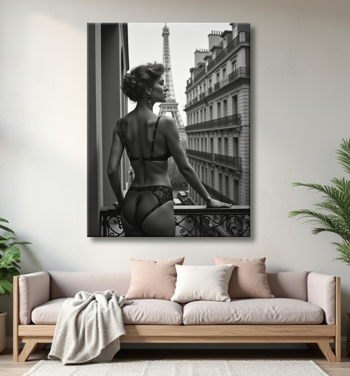 Femme au balcon – tableau noir et blanc intimiste avec decor