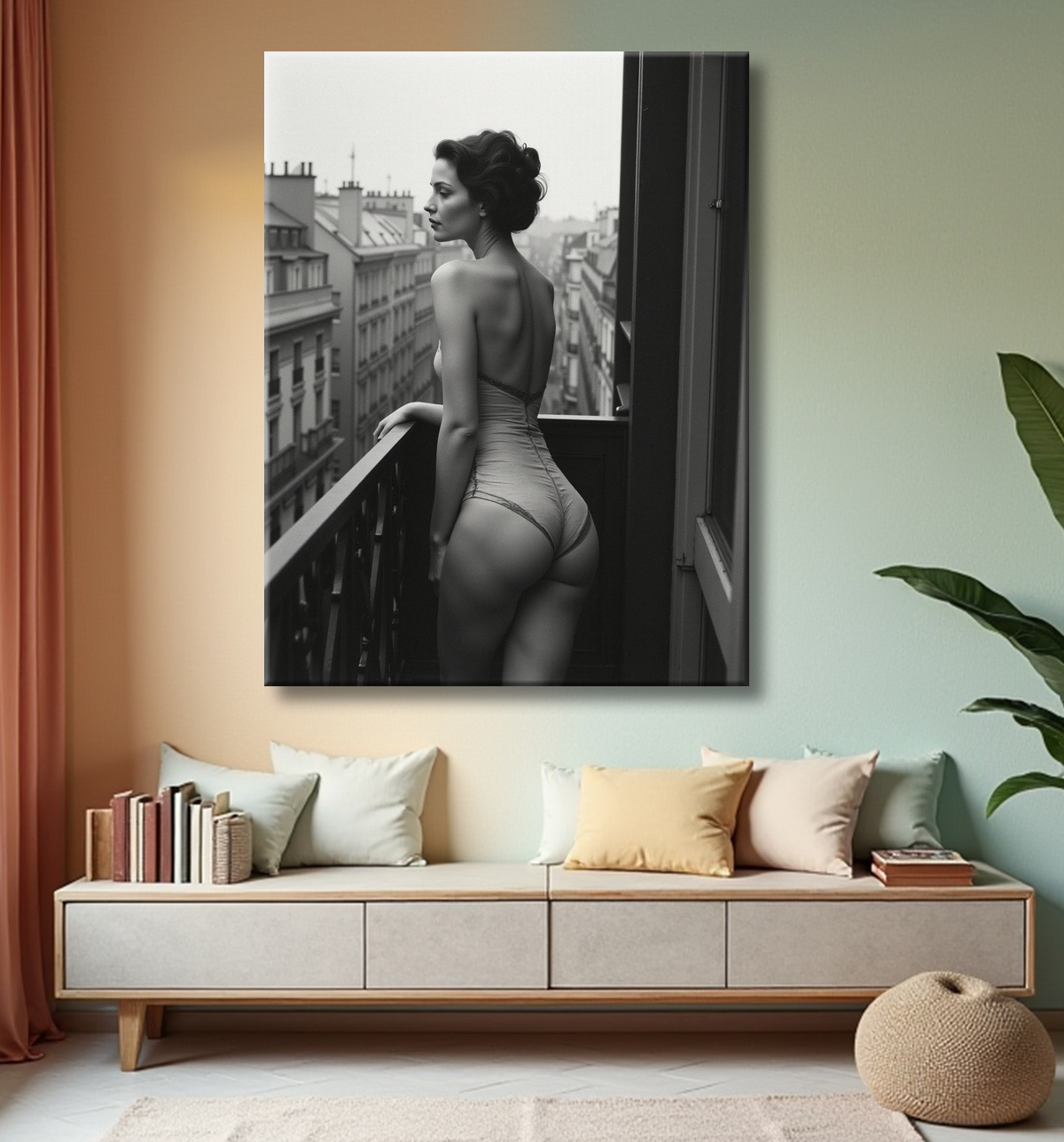 Femme au balcon – tableau noir et blanc intimiste avec decor