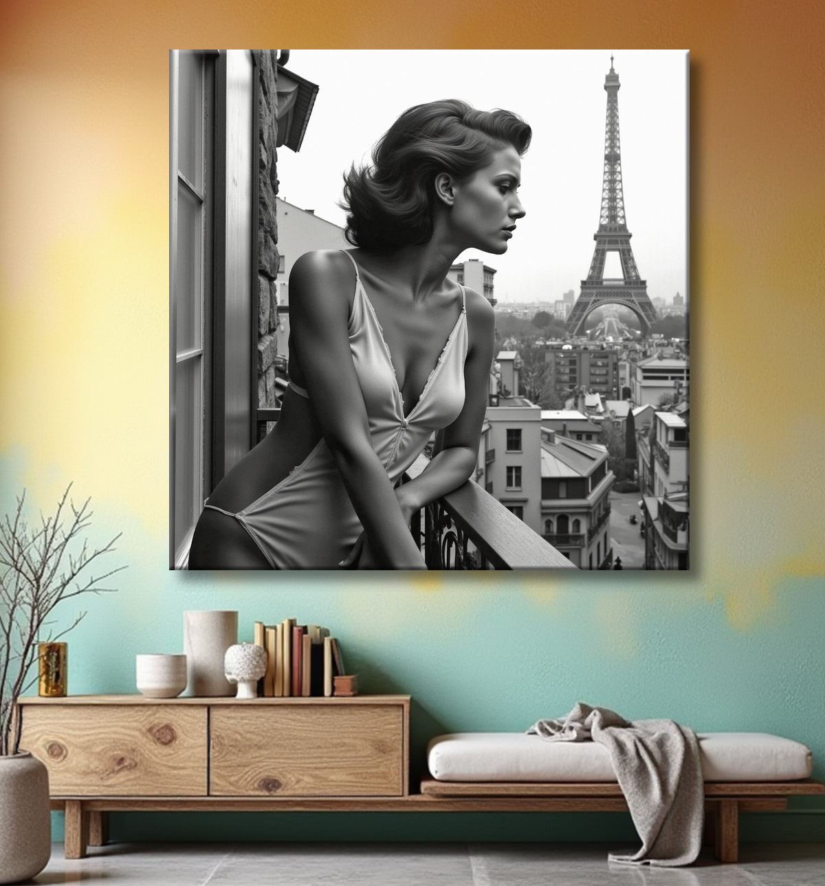 Femme au balcon – tableau noir et blanc intimiste avec decor