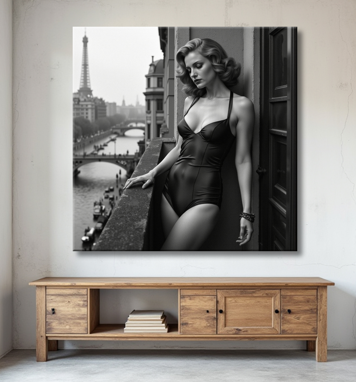 Femme au balcon – tableau noir et blanc intimiste avec decor
