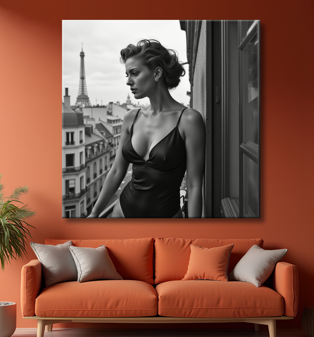 Femme au balcon – tableau noir et blanc intimiste avec decor