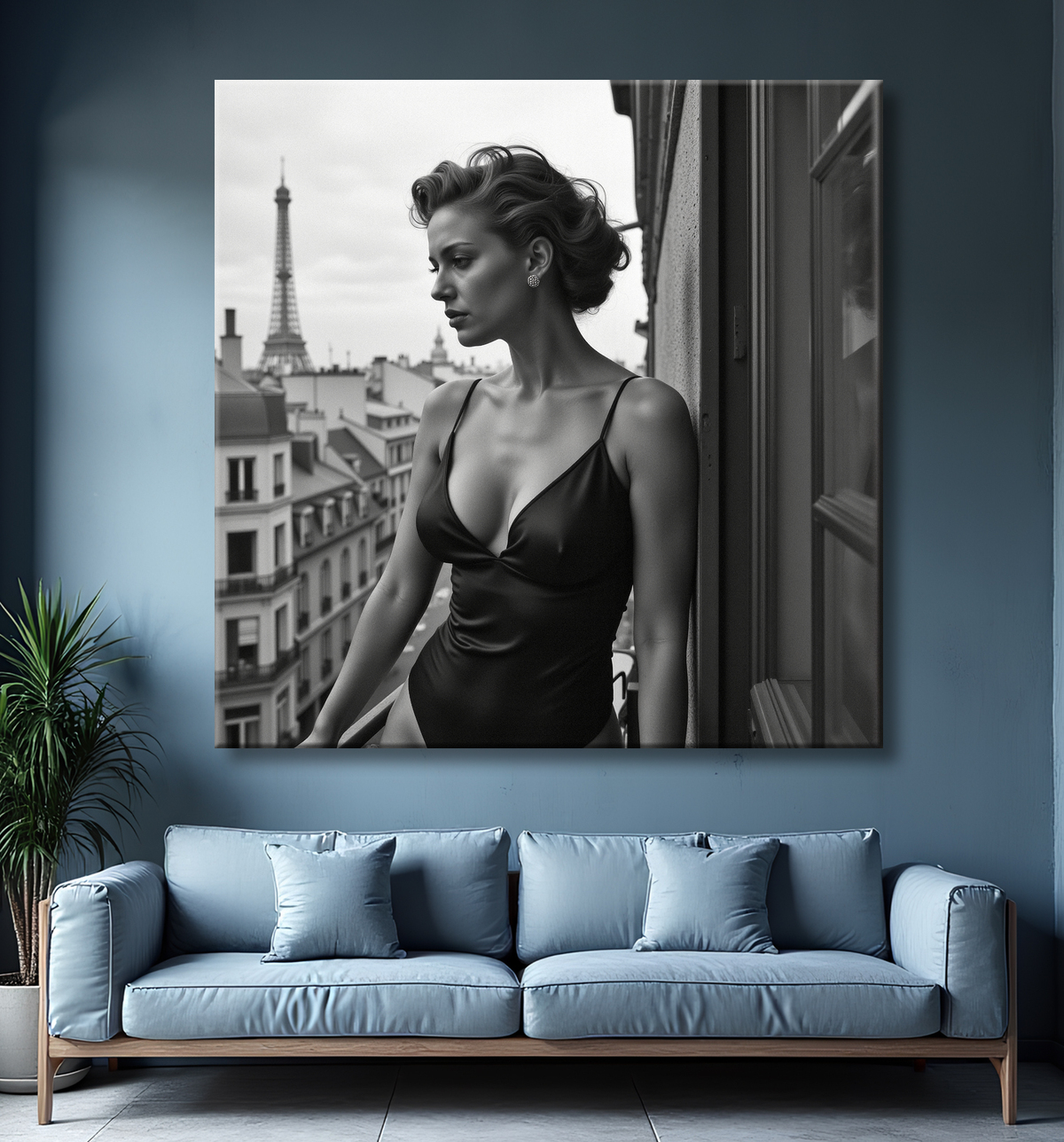 Femme au balcon – tableau noir et blanc intimiste avec decor