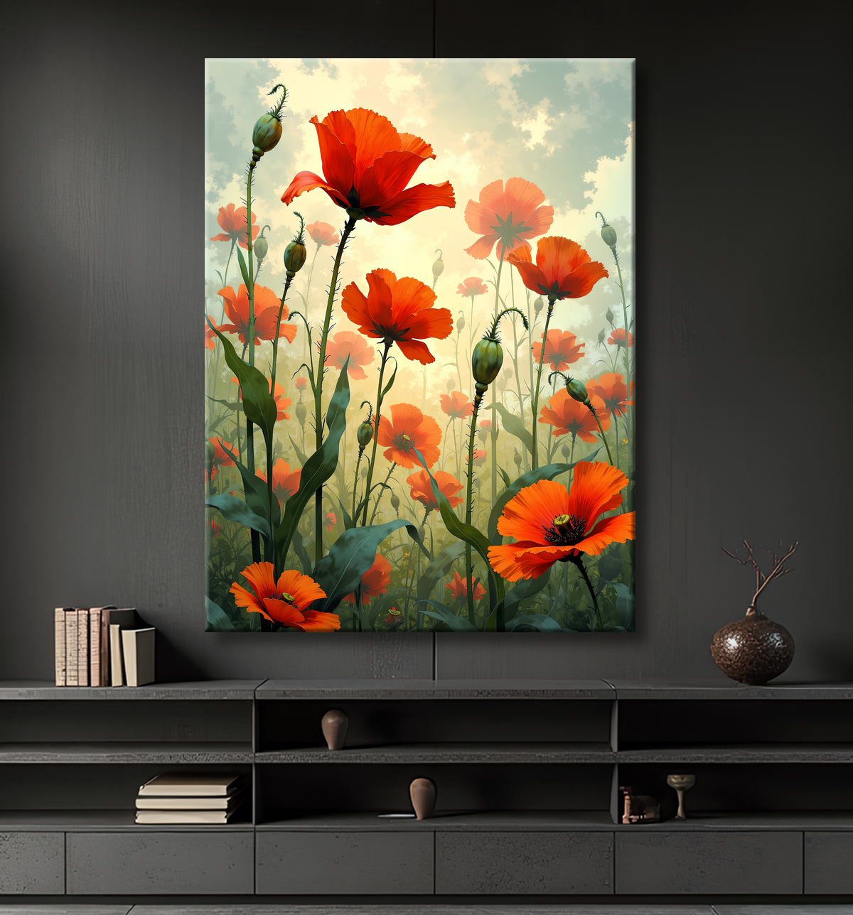 Tableau illustratif coquelicots doux avec decor