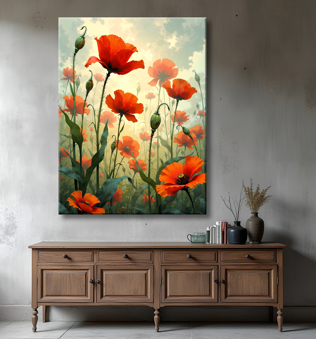 Tableau illustratif coquelicots doux avec decor