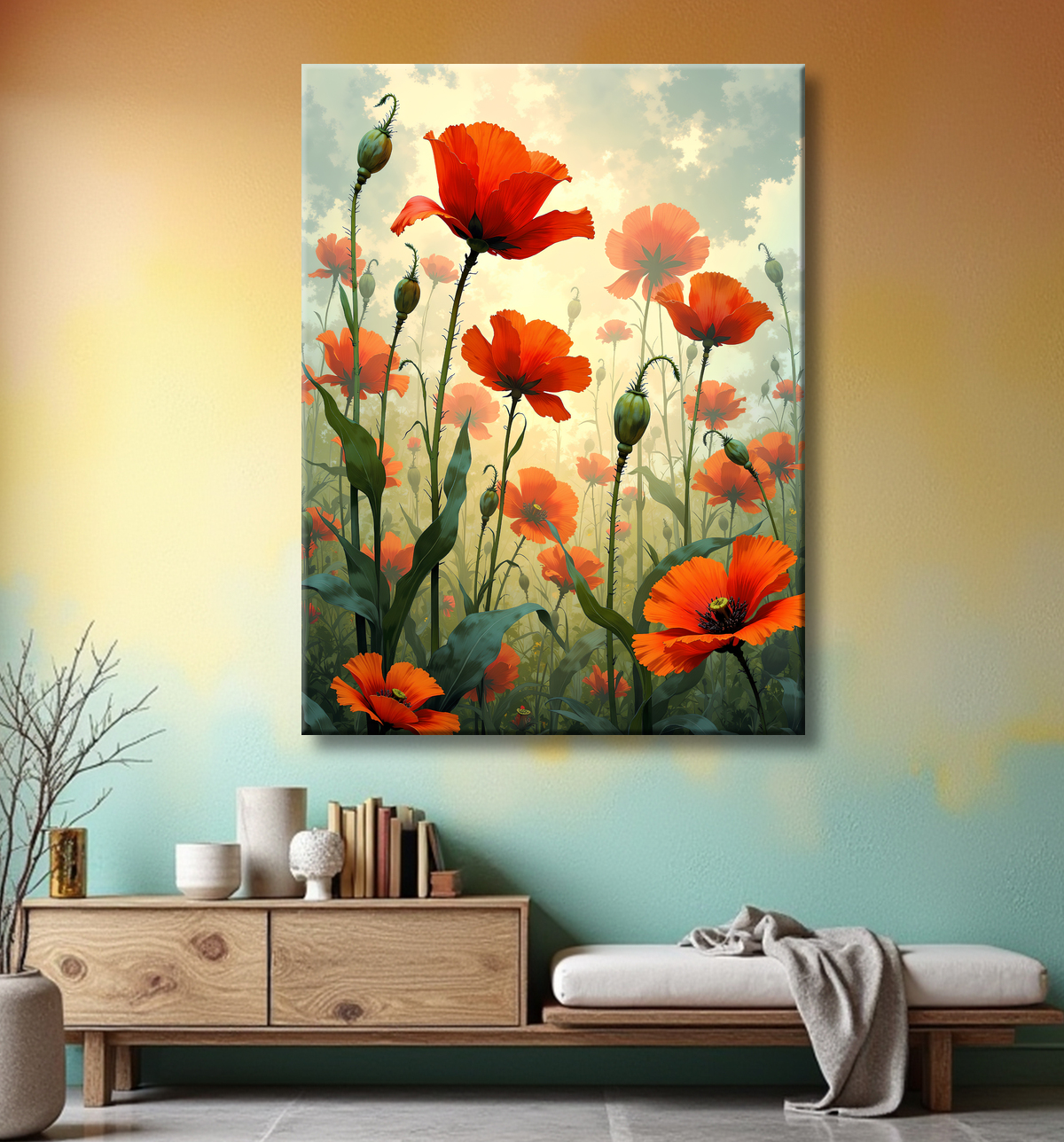 Tableau illustratif coquelicots doux avec decor