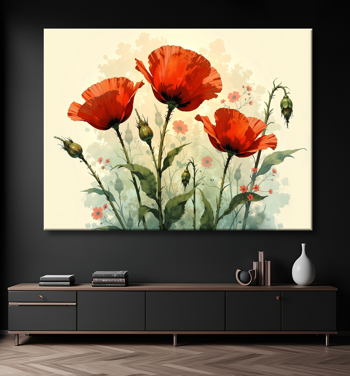 Tableau illustratif coquelicots doux avec decor