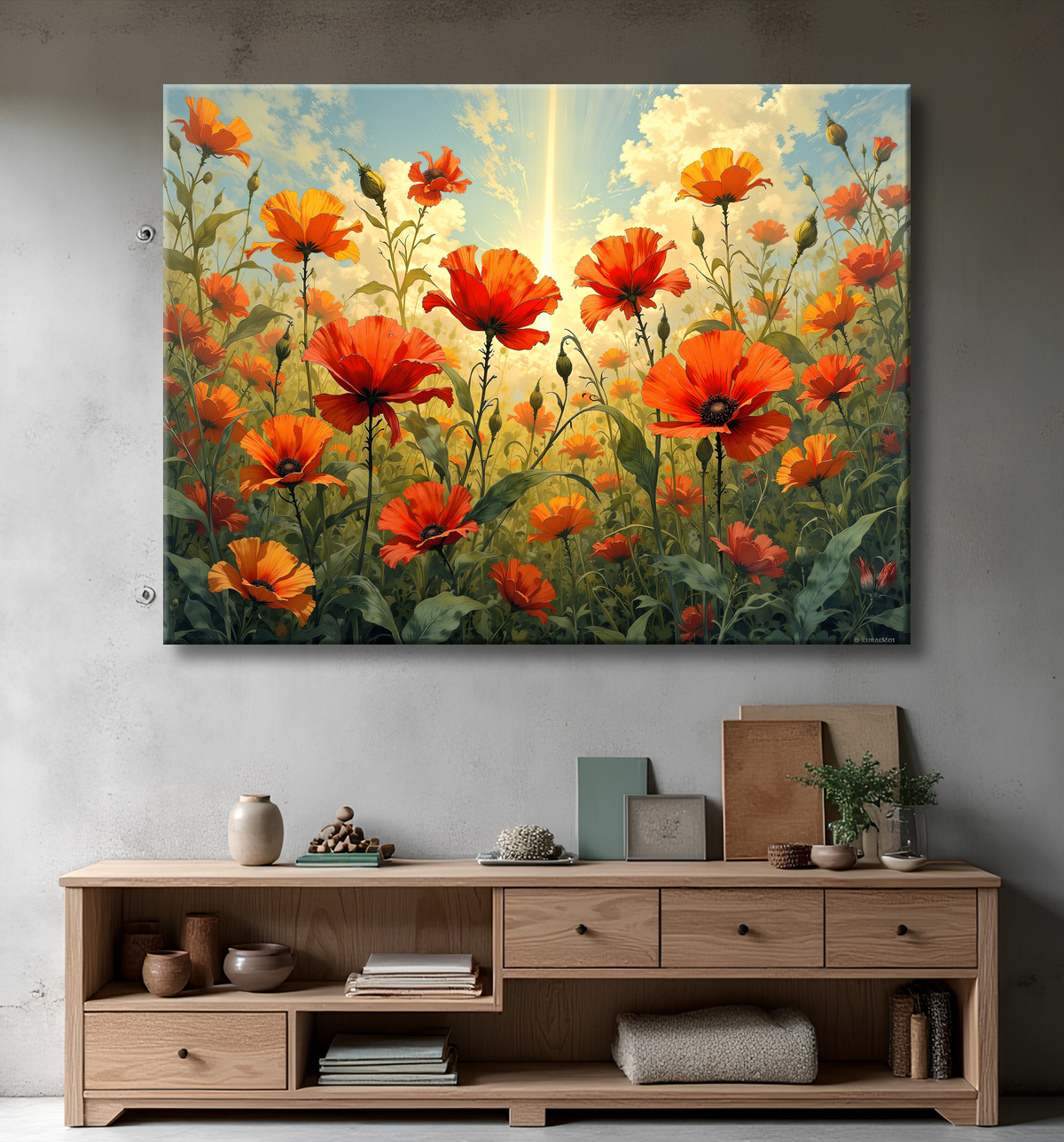 Tableau illustratif coquelicots doux avec decor