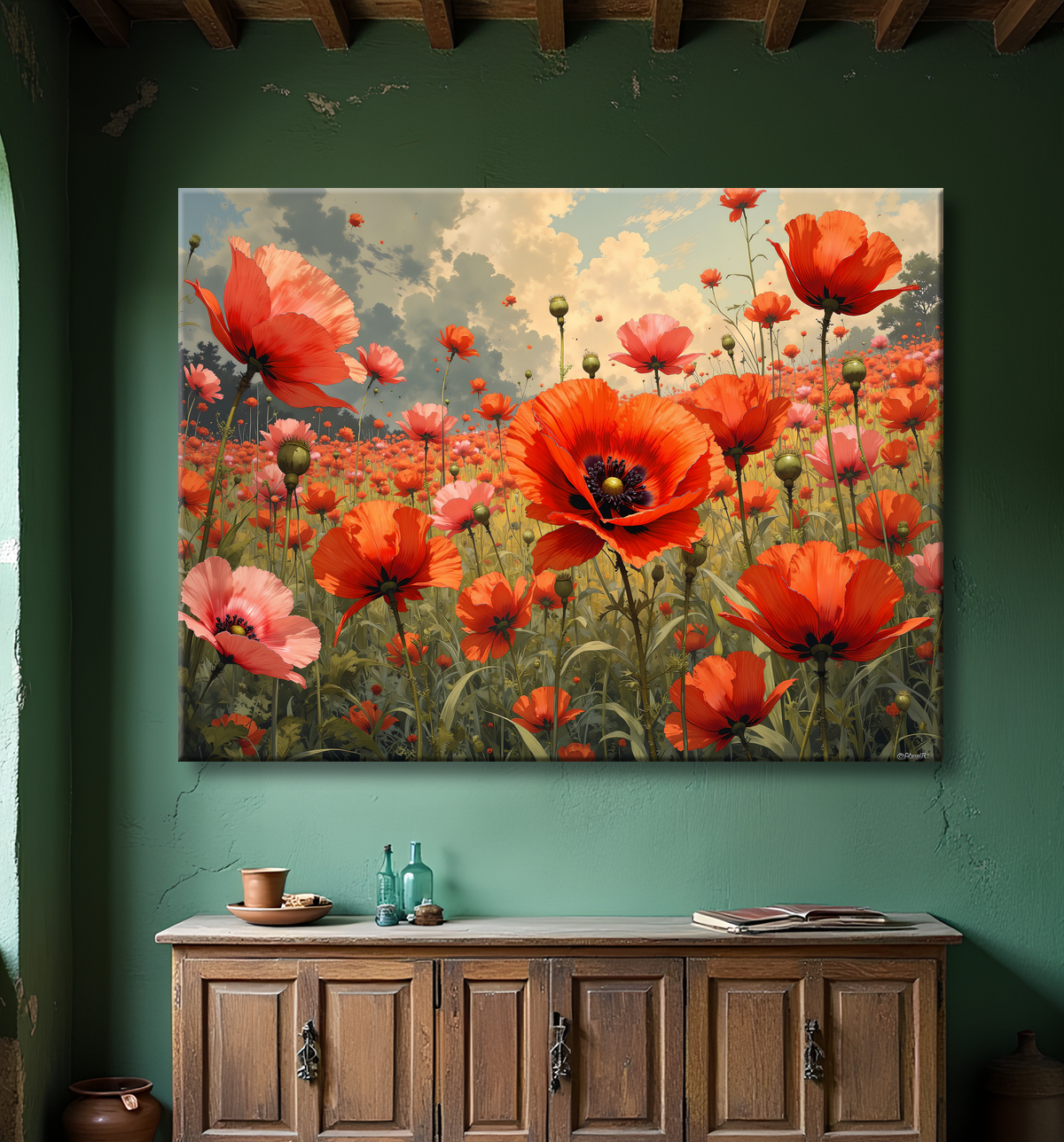 Tableau illustratif coquelicots doux avec decor