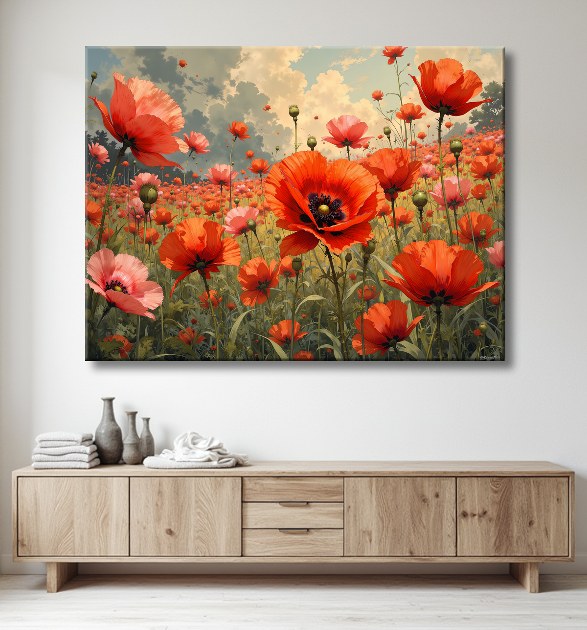 Tableau illustratif coquelicots doux avec decor
