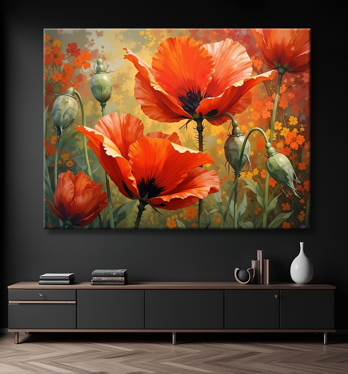 Tableau illustratif coquelicots doux avec decor