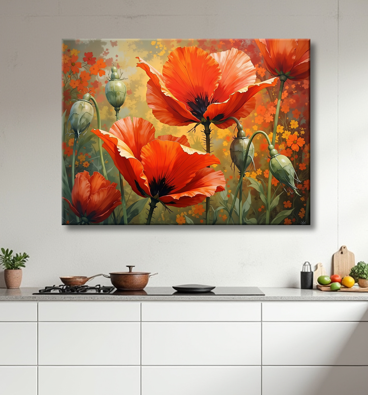 Tableau illustratif coquelicots doux avec decor