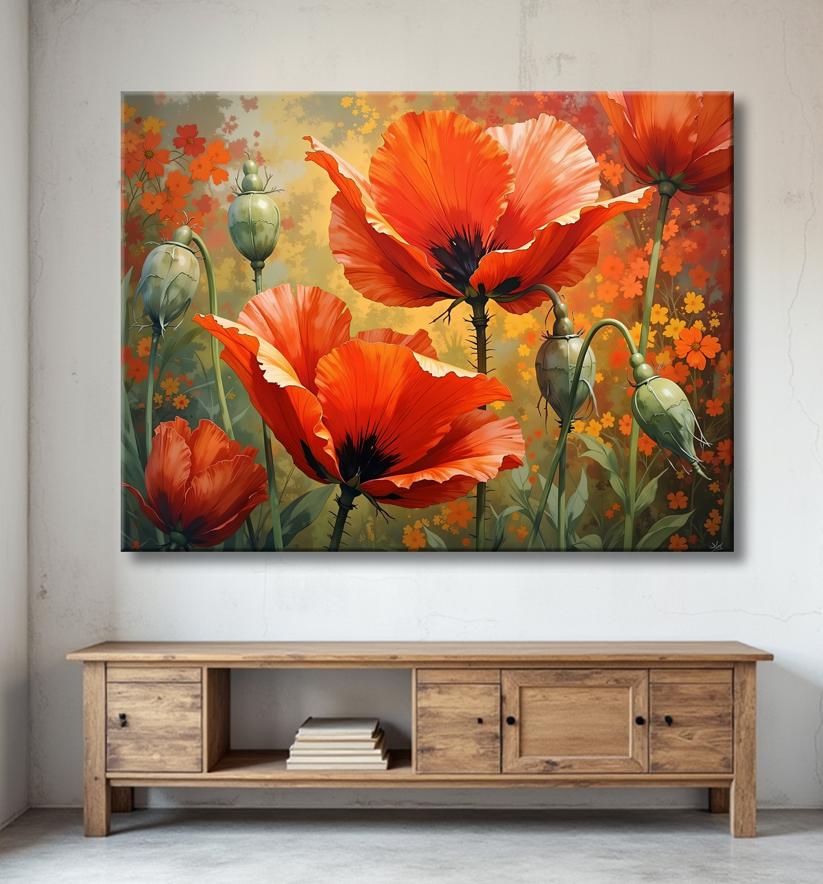 Tableau illustratif coquelicots doux avec decor