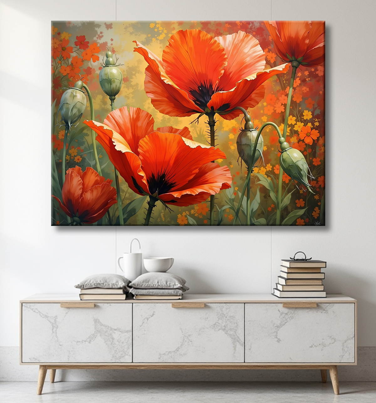 Tableau illustratif coquelicots doux avec decor