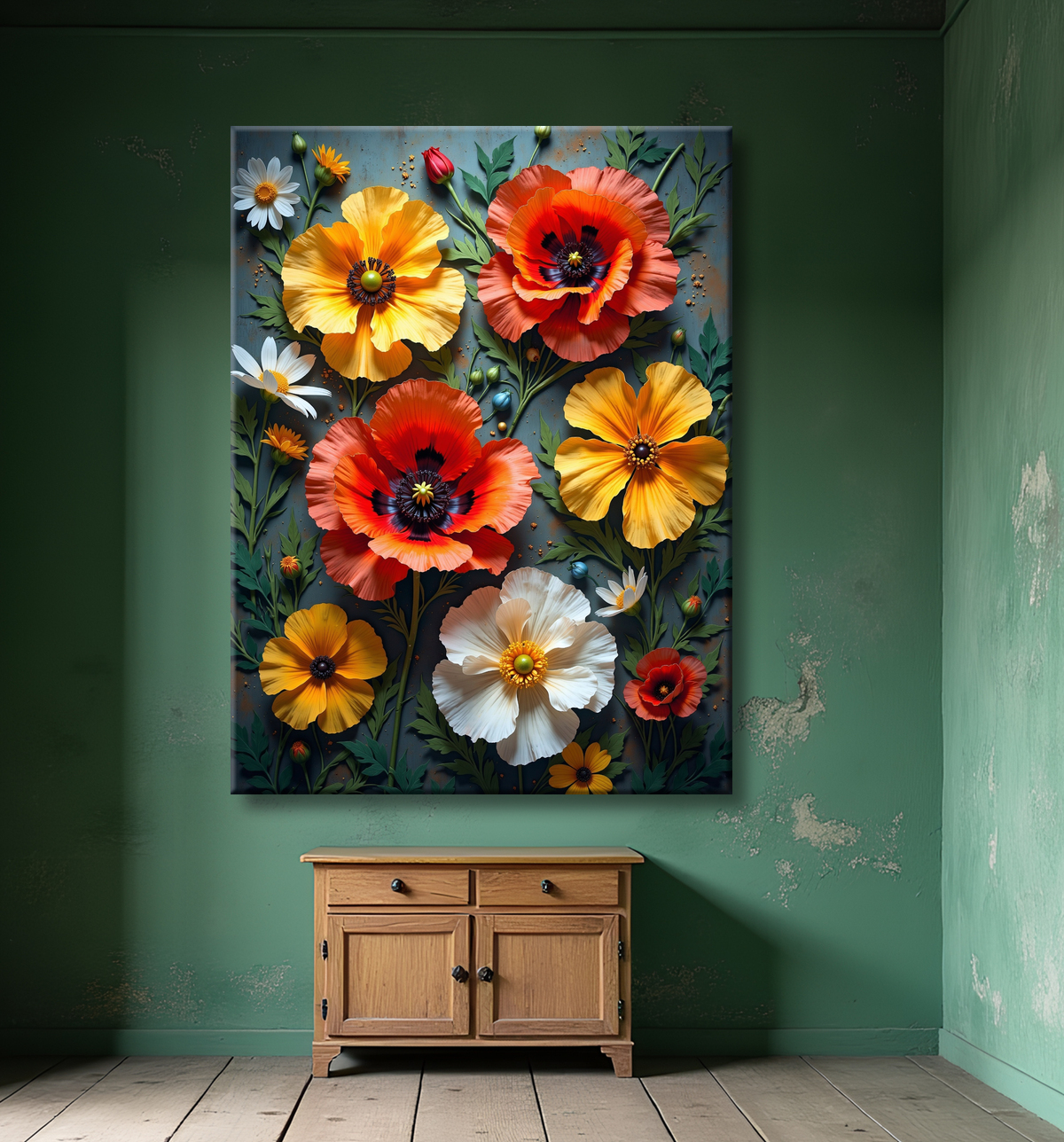 Tableau illustratif coquelicots doux avec decor