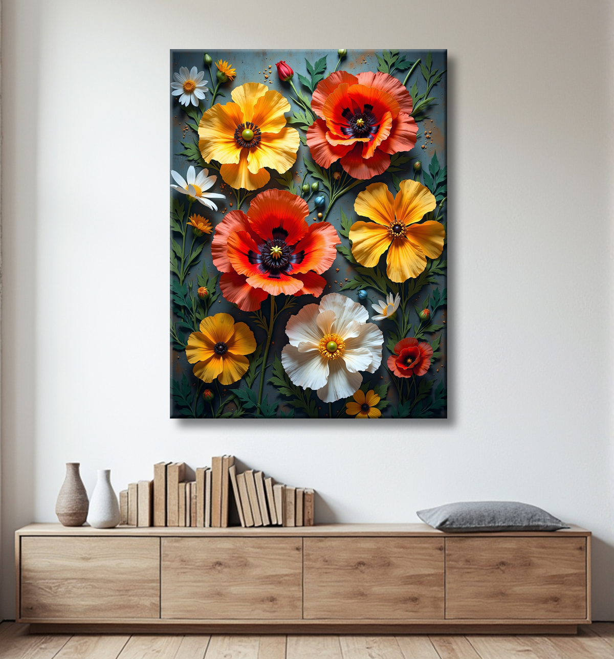 Tableau illustratif coquelicots doux avec decor