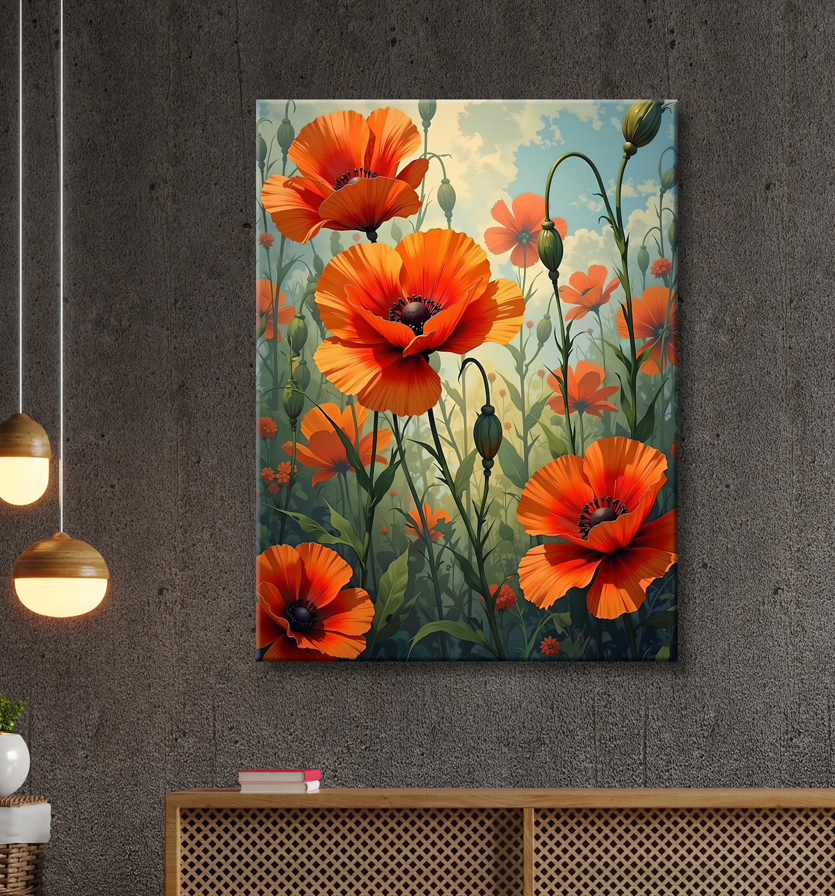 Tableau illustratif coquelicots doux avec decor