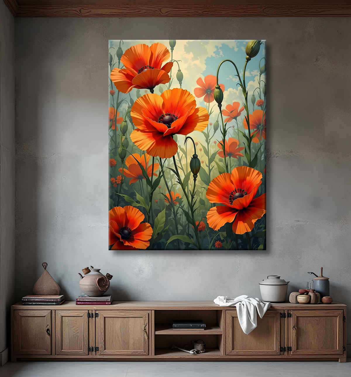 Tableau illustratif coquelicots doux avec decor