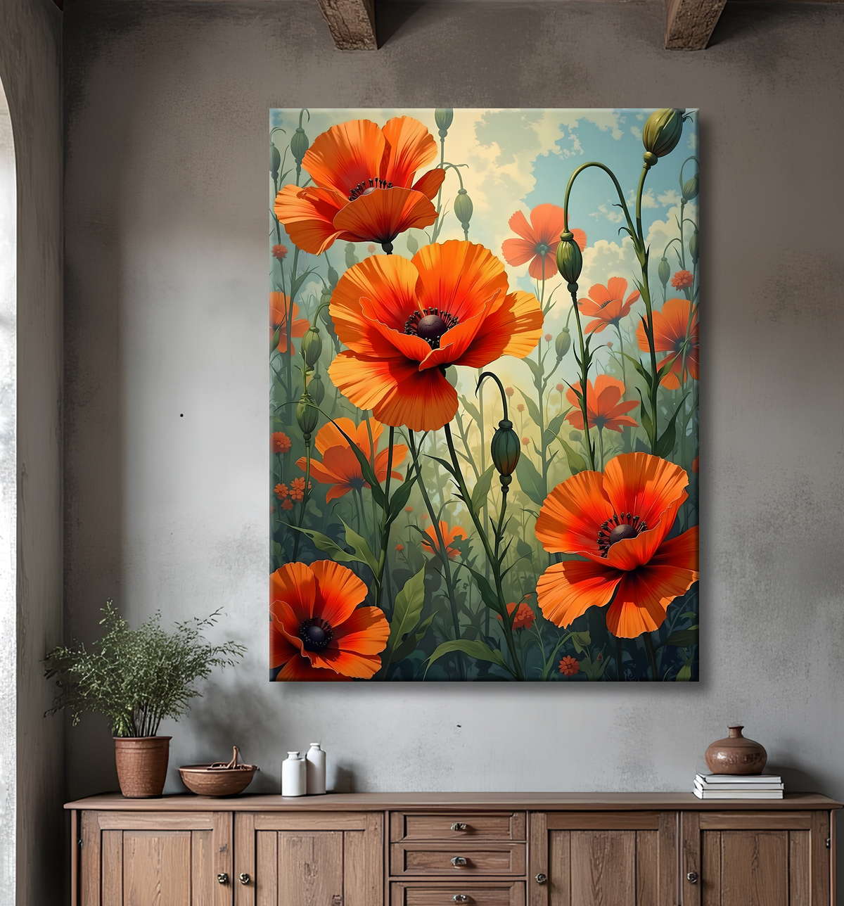 Tableau illustratif coquelicots doux avec decor
