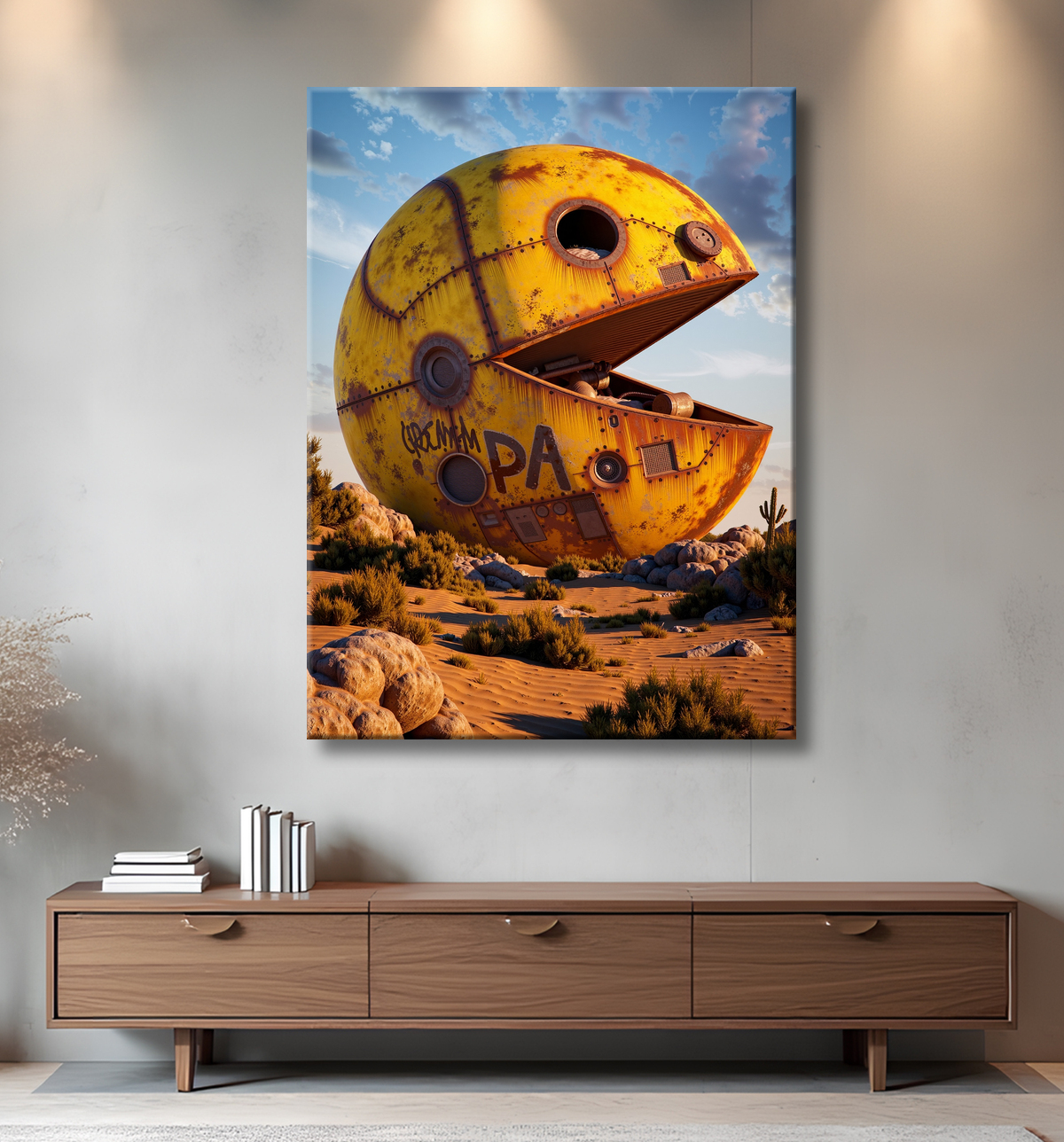 Tableau Pacman abandonné - Art gaming désertique avec decor