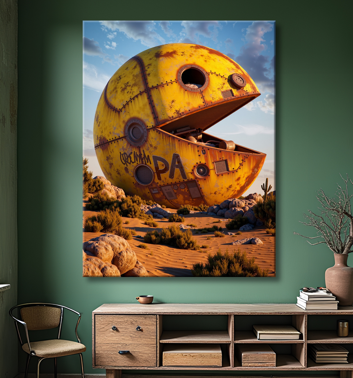 Tableau Pacman abandonné - Art gaming désertique avec decor