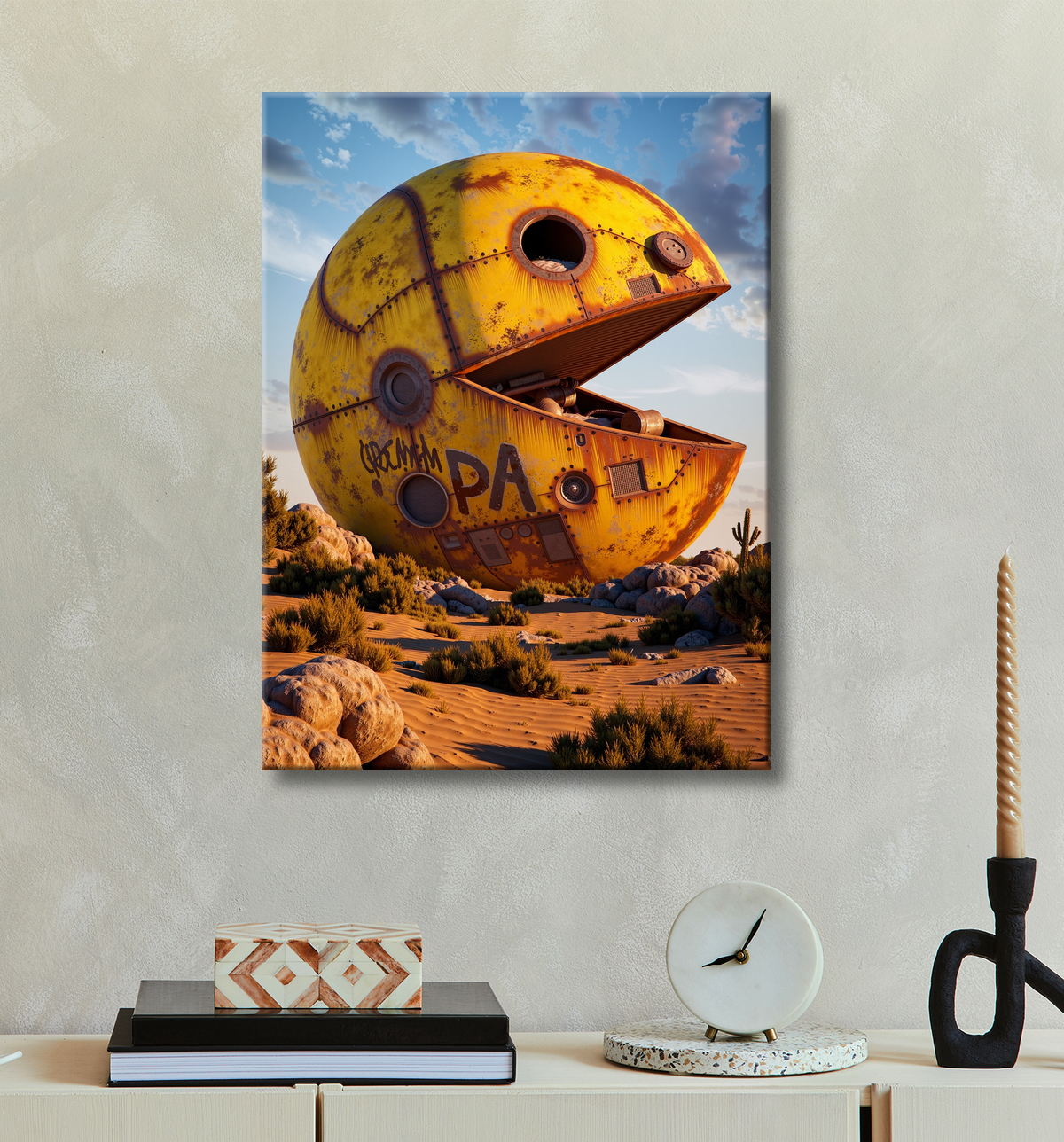 Tableau Pacman abandonné - Art gaming désertique avec decor