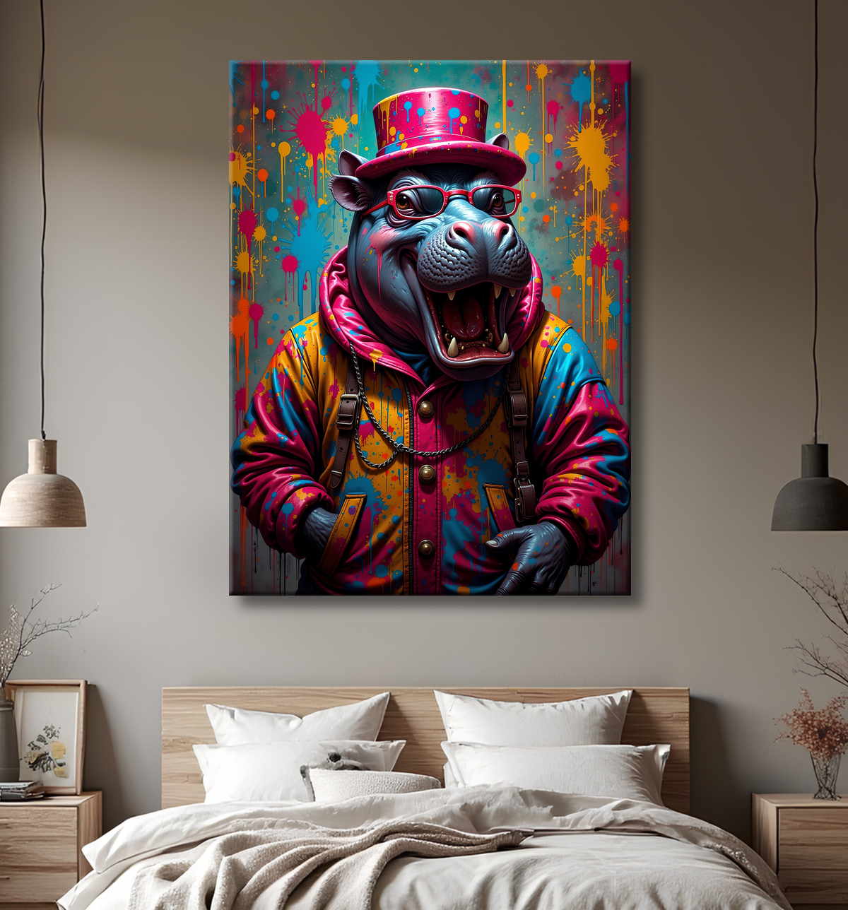Tableau hippopotame graffiti - Art mural coloré et extravagant avec decor