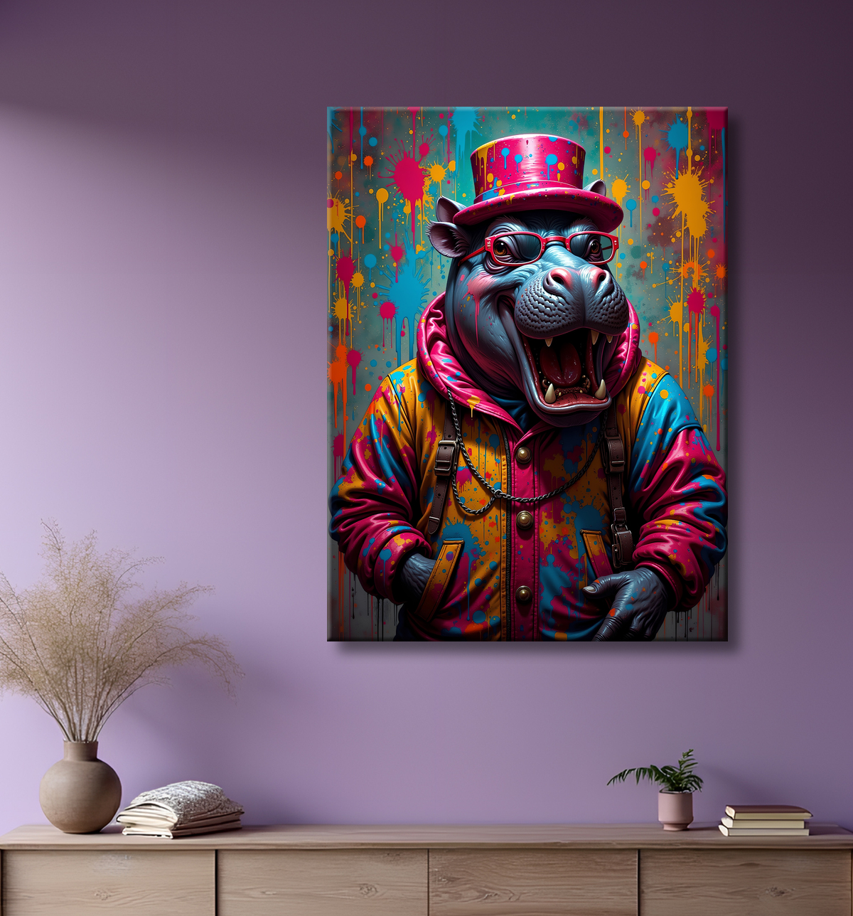 Tableau hippopotame graffiti - Art mural coloré et extravagant avec decor