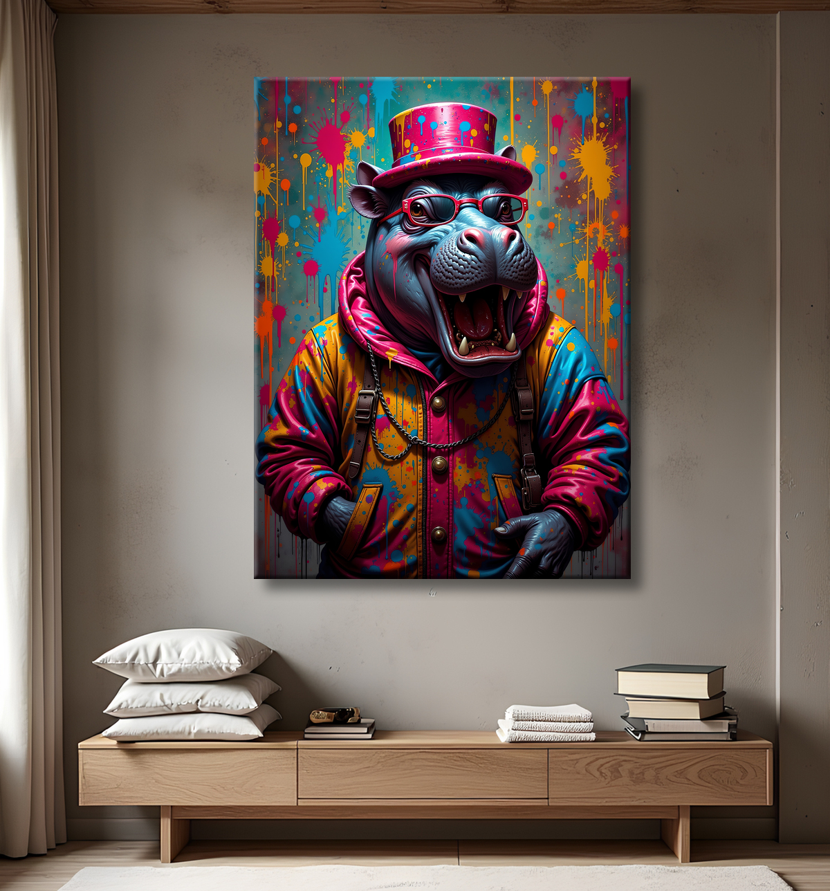 Tableau hippopotame graffiti - Art mural coloré et extravagant avec decor