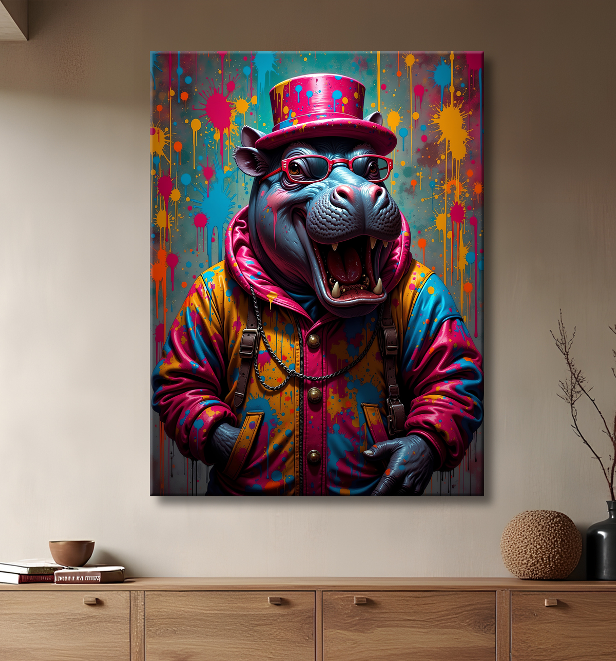 Tableau hippopotame graffiti - Art mural coloré et extravagant avec decor