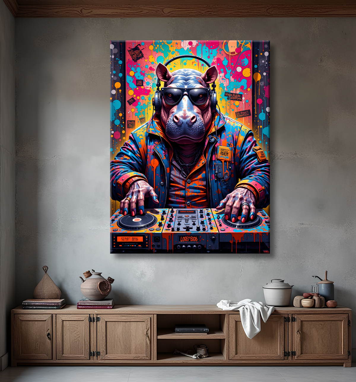 Tableau hippopotame graffiti - Art mural coloré et extravagant avec decor