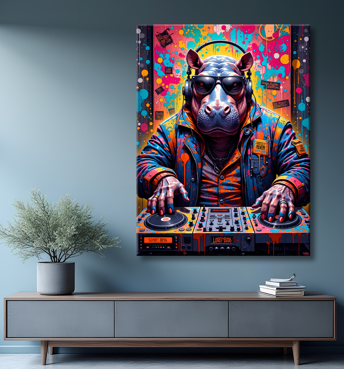 Tableau hippopotame graffiti - Art mural coloré et extravagant avec decor