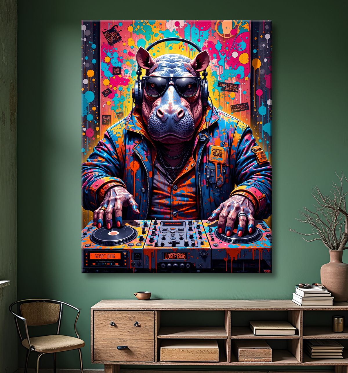 Tableau hippopotame graffiti - Art mural coloré et extravagant avec decor