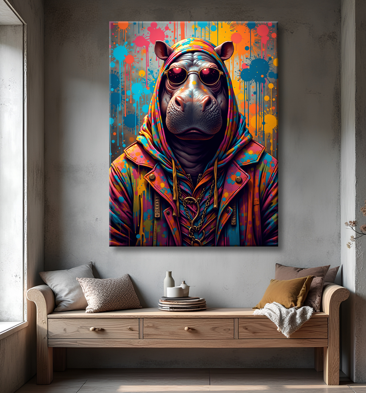 Tableau hippopotame graffiti - Art mural coloré et extravagant avec decor