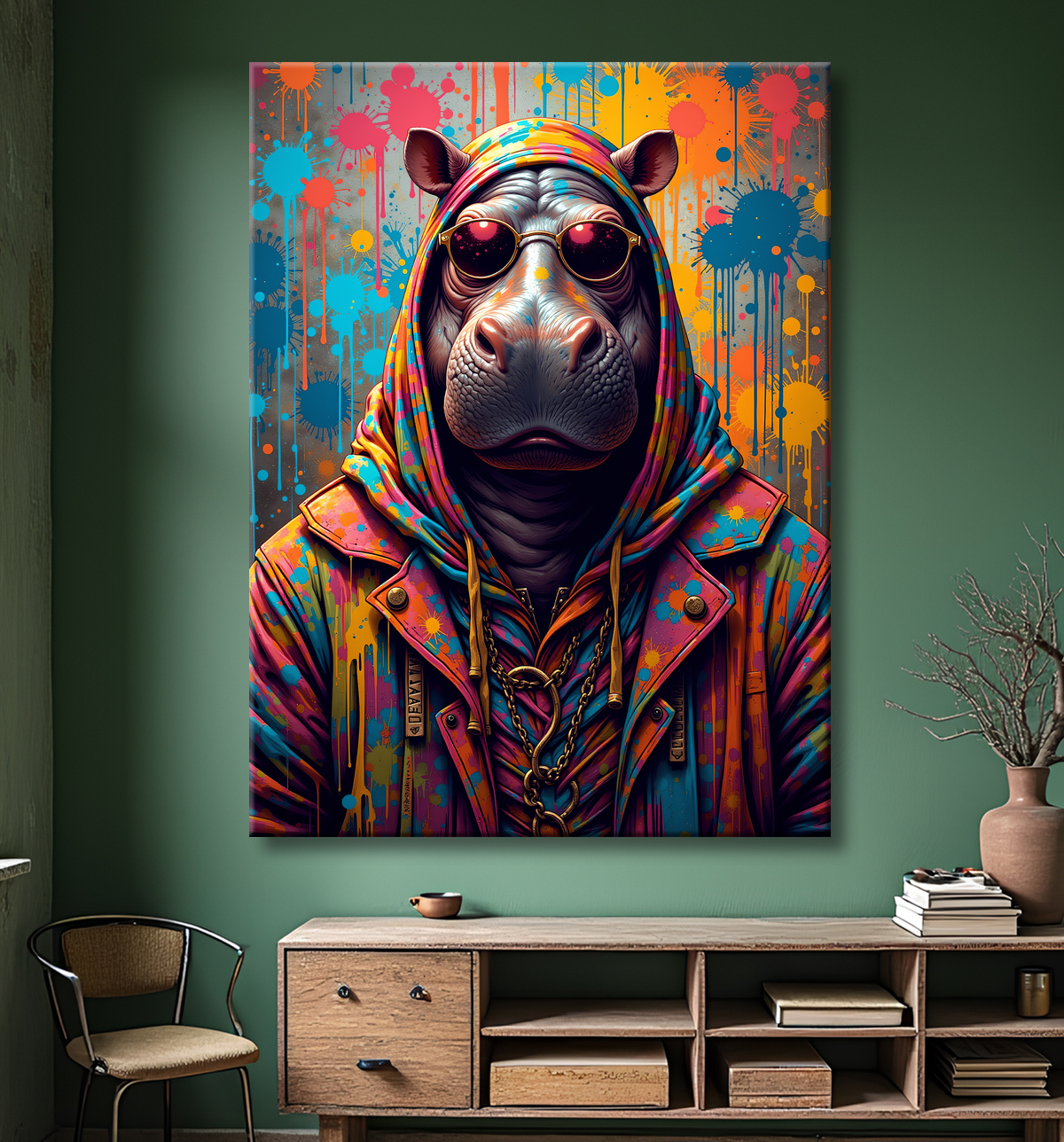 Tableau hippopotame graffiti - Art mural coloré et extravagant avec decor