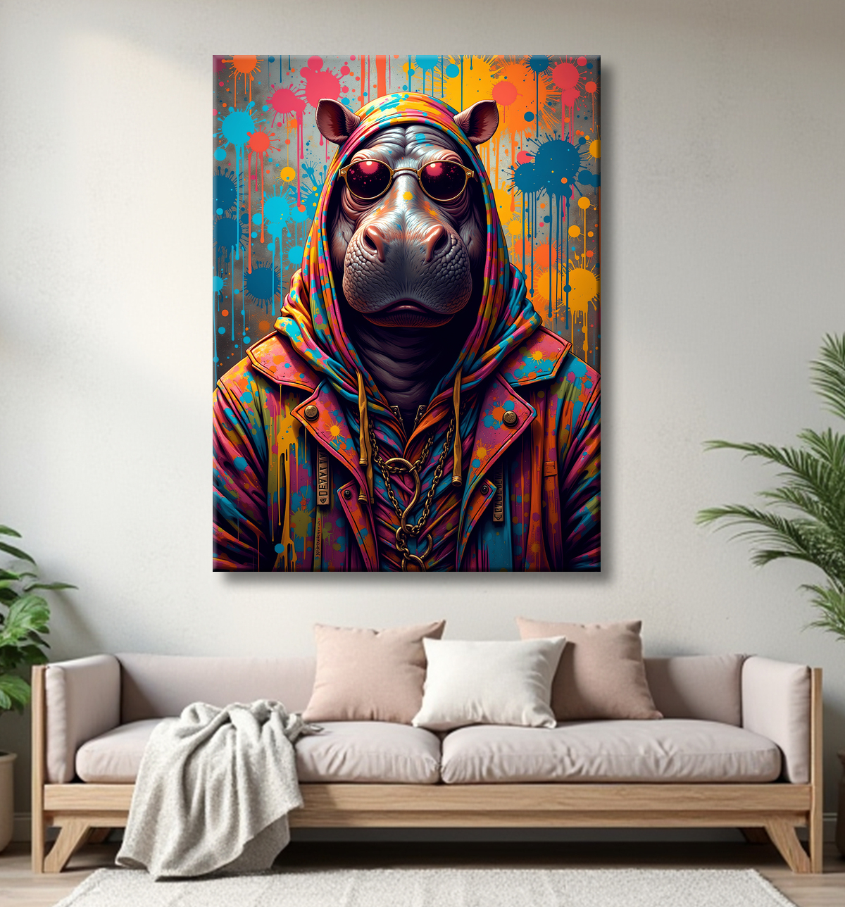 Tableau hippopotame graffiti - Art mural coloré et extravagant avec decor